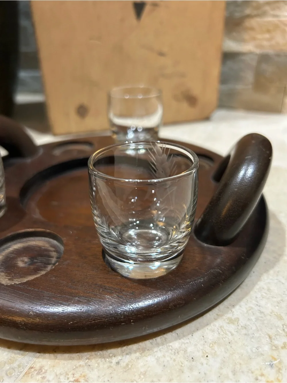 Vintage Wooden Shot Glass and Liquor Bottle Serving Tray Caddy with Handles
